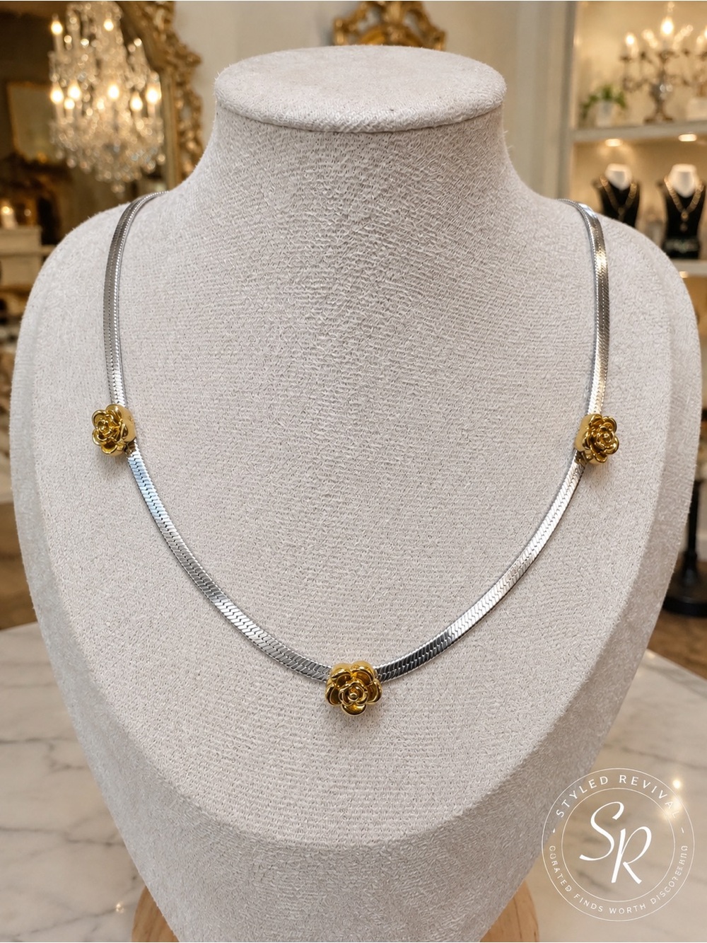 Two-Tone Gold Rose Silver-Tone Herringbone Necklace 16–18” NEW